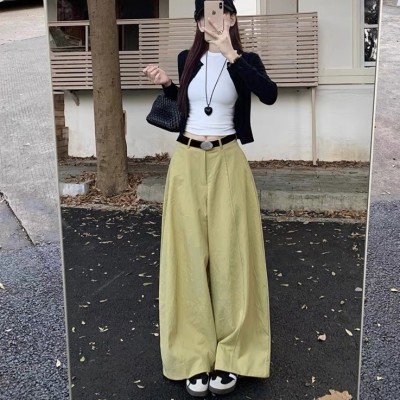 柠檬黄高腰阔腿牛仔长裤